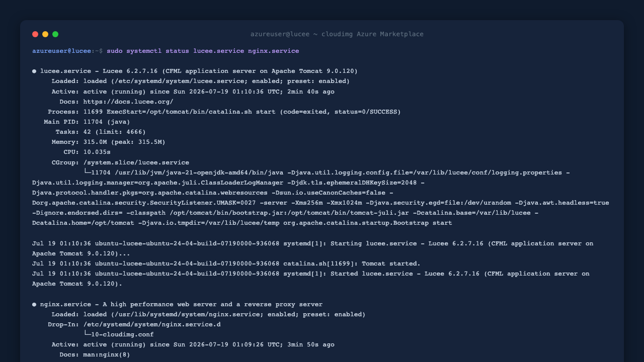 lucee.service and nginx.service reported active on the Lucee appliance