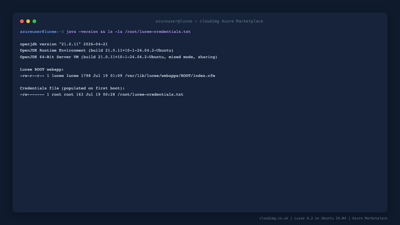 Java 21 runtime, the deployed Lucee ROOT web application and the per-VM credentials file