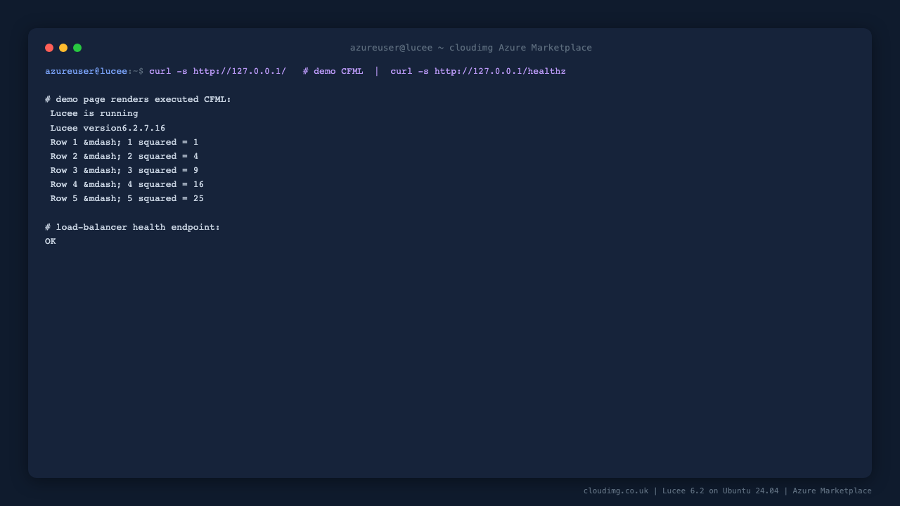 The demo page rendering executed CFML and the nginx health endpoint returning OK