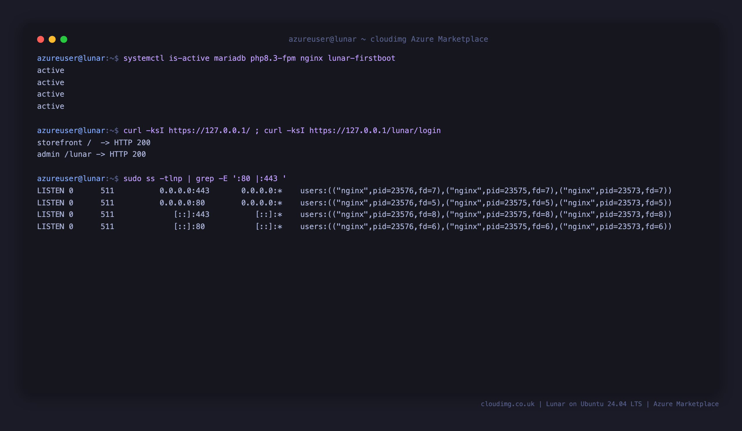 Service status, HTTPS storefront and admin panel