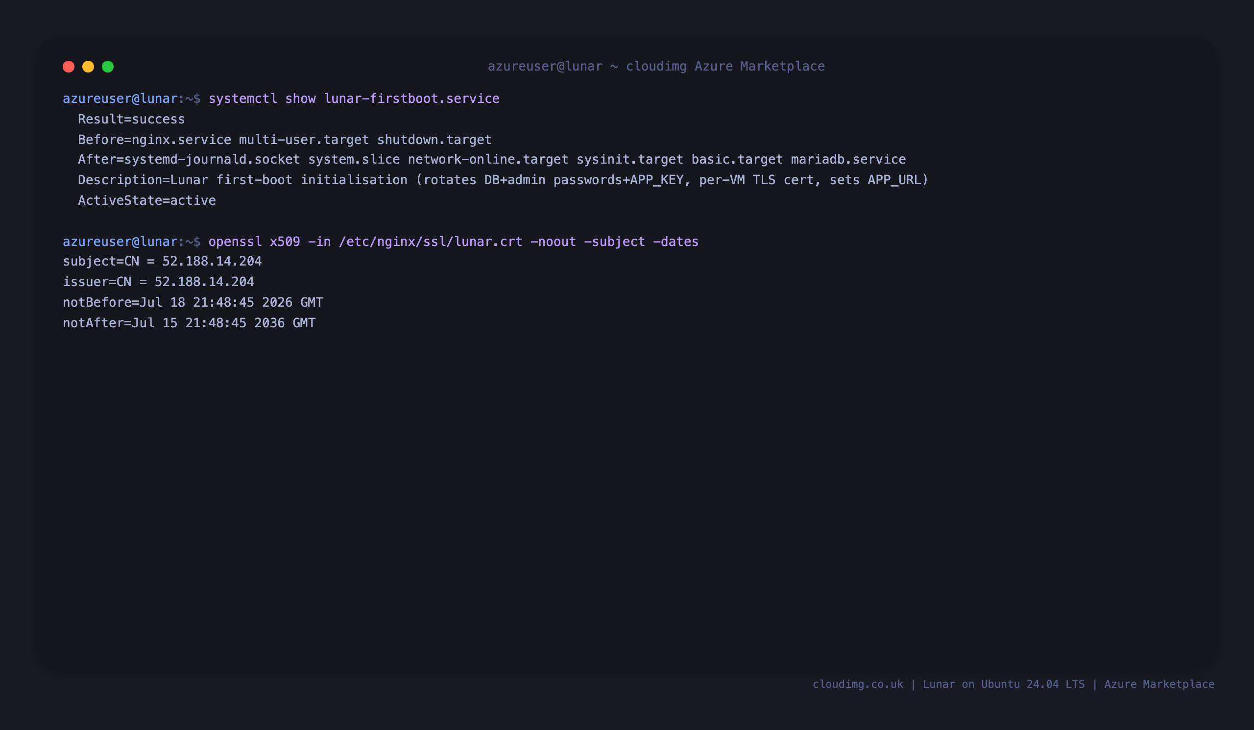 First-boot service, systemd ordering and per-VM certificate