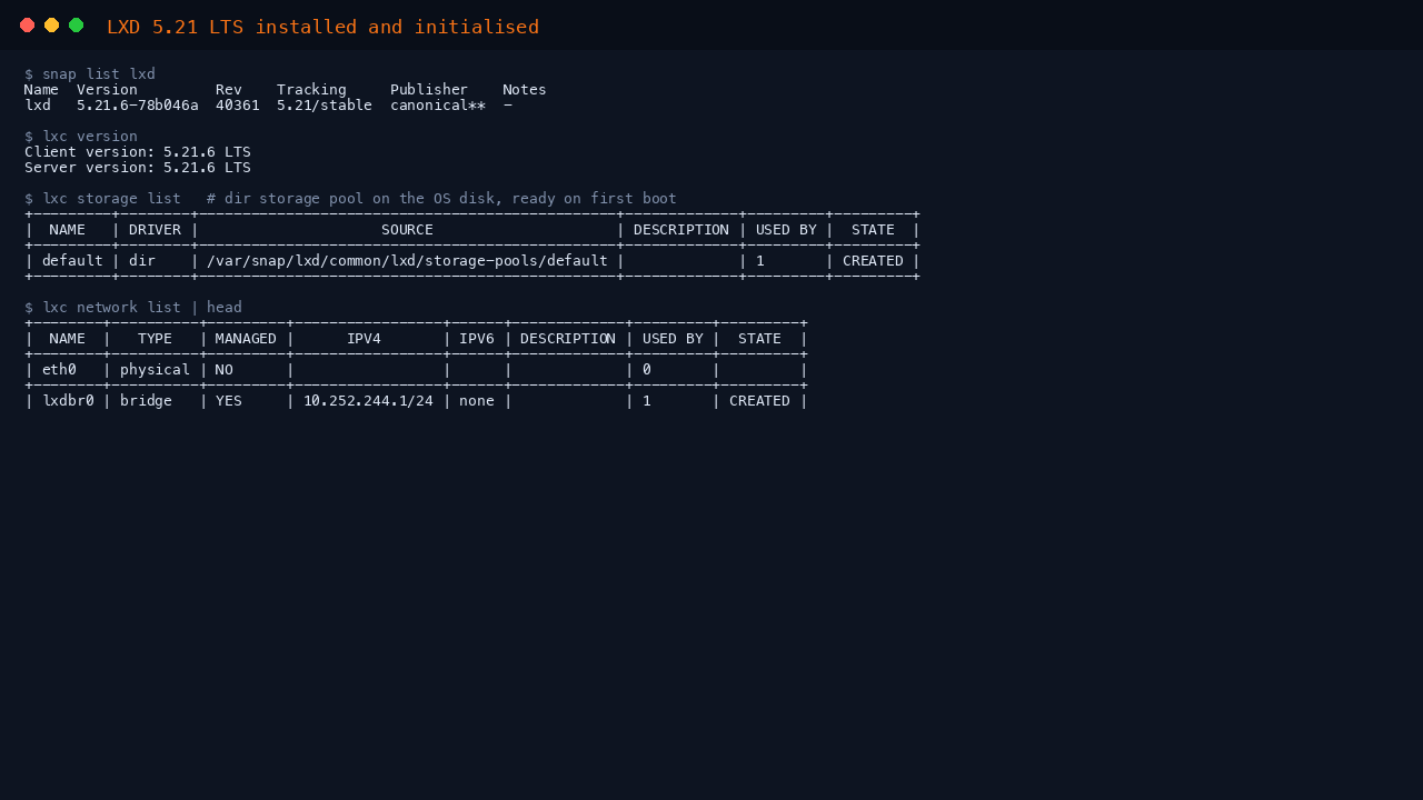 The terminal shows snap list reporting the lxd snap on the 5.21/stable channel, lxc version reporting client and server version 5.21.6 LTS, the default dir storage pool created on the OS disk, and the lxdbr0 managed bridge network