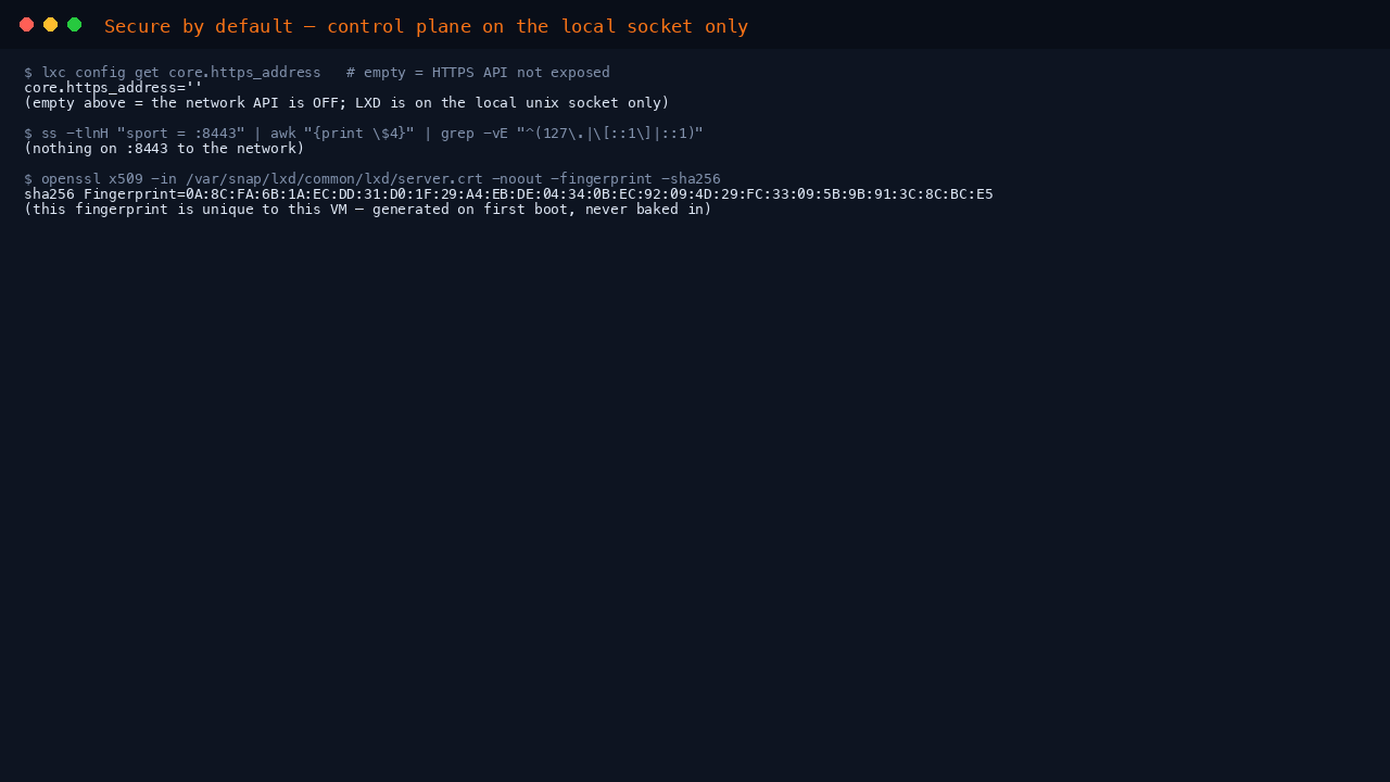 The terminal shows core.https_address reported as empty meaning the HTTPS API is off, no listener bound on port 8443 to any network address, and the openssl output of this VM's unique per VM server certificate SHA256 fingerprint