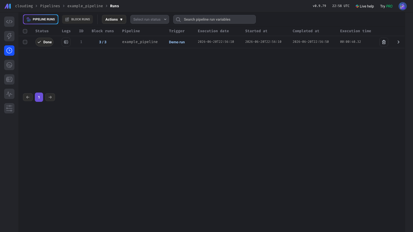 The Mage AI pipeline runs view
