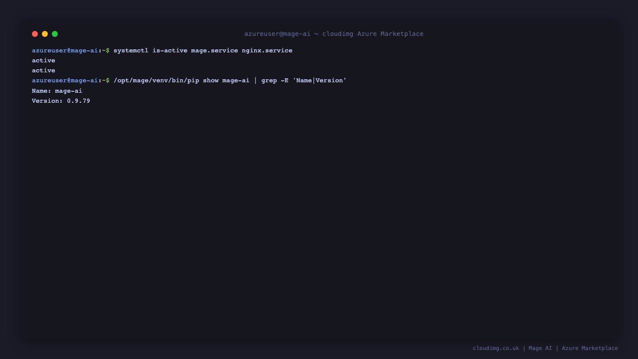 Mage AI services active and the installed mage-ai version on the VM