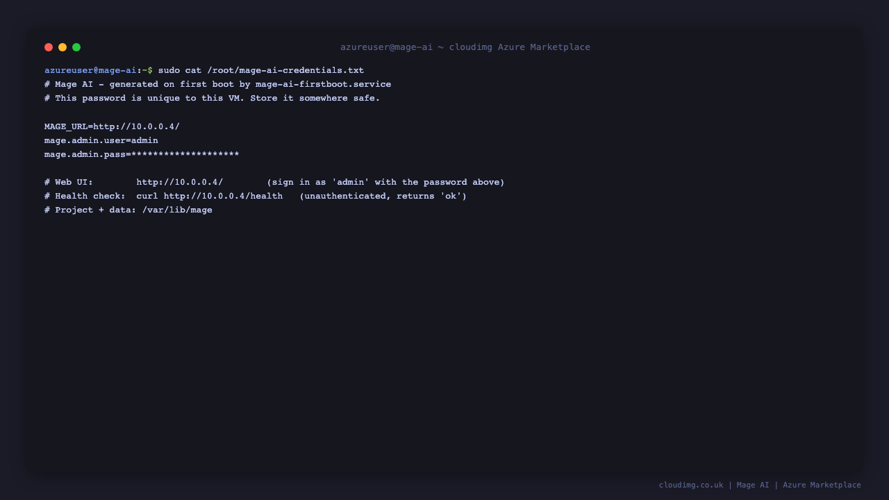 The per-VM Mage AI credentials file generated on first boot