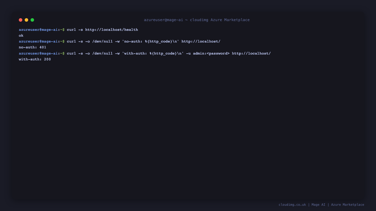 The unauthenticated health check plus the 401 (no auth) and 200 (with the per-VM password) responses through nginx