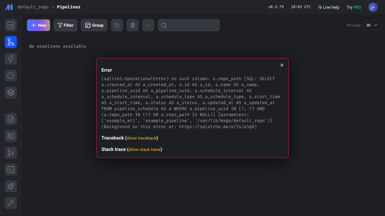Mage AI Pipelines dashboard listing the pipelines in the project