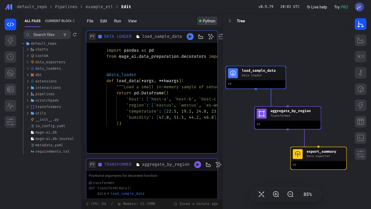 Mage AI data loader block with Python code and inline output preview