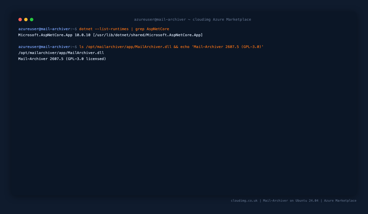 The ASP.NET Core 10 runtime present and the built Mail-Archiver application, confirming the GPL-3.0 licensed Mail-Archiver 2607.5 appliance on .NET 10