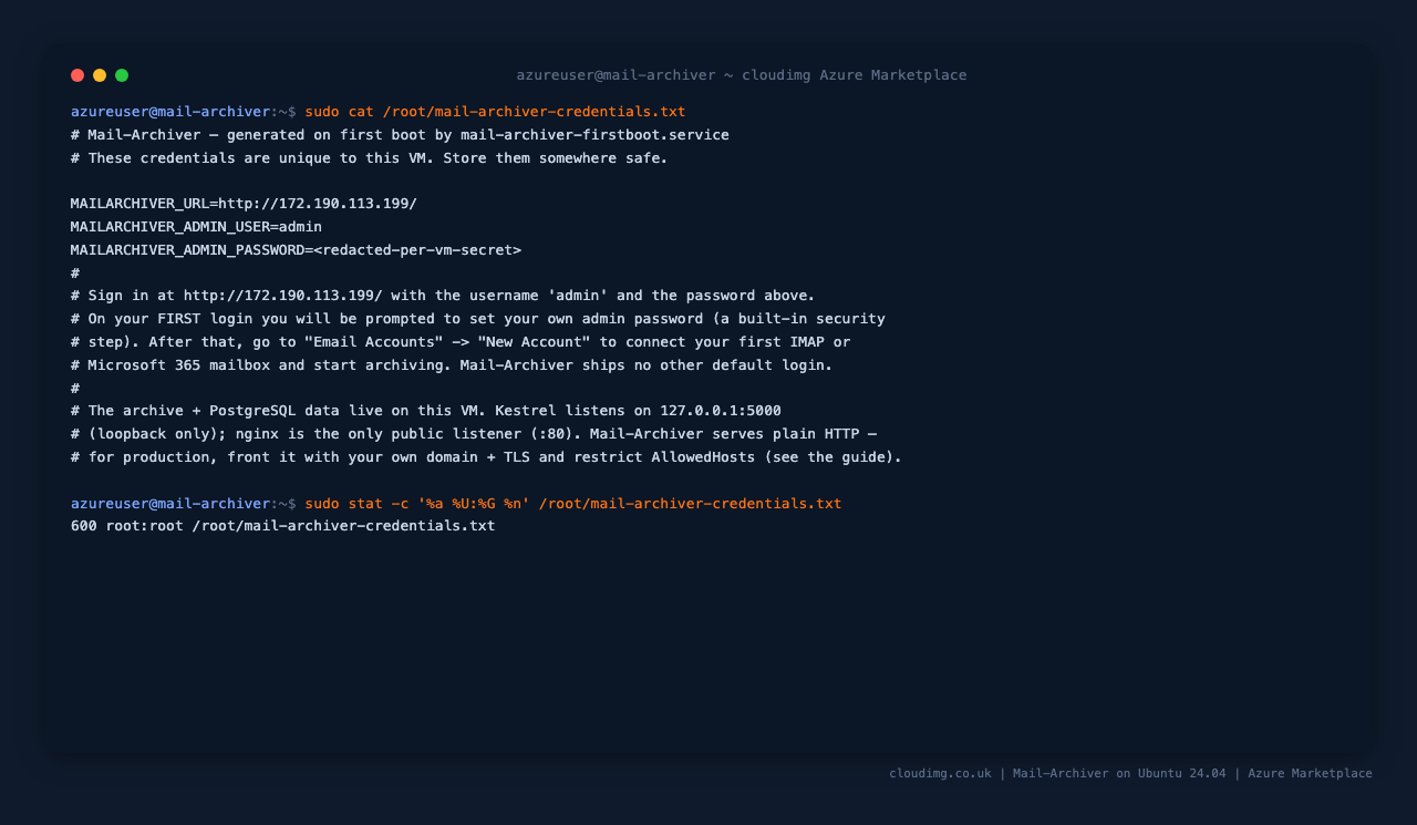 The per VM Mail-Archiver credentials file, showing the administrator username, the generated password and the site URL, owned root only with 0600 permissions
