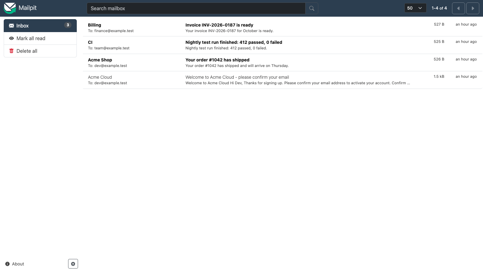 The Mailpit inbox on cloudimg listing four captured test messages: a welcome email, an order notice, a CI report and an invoice