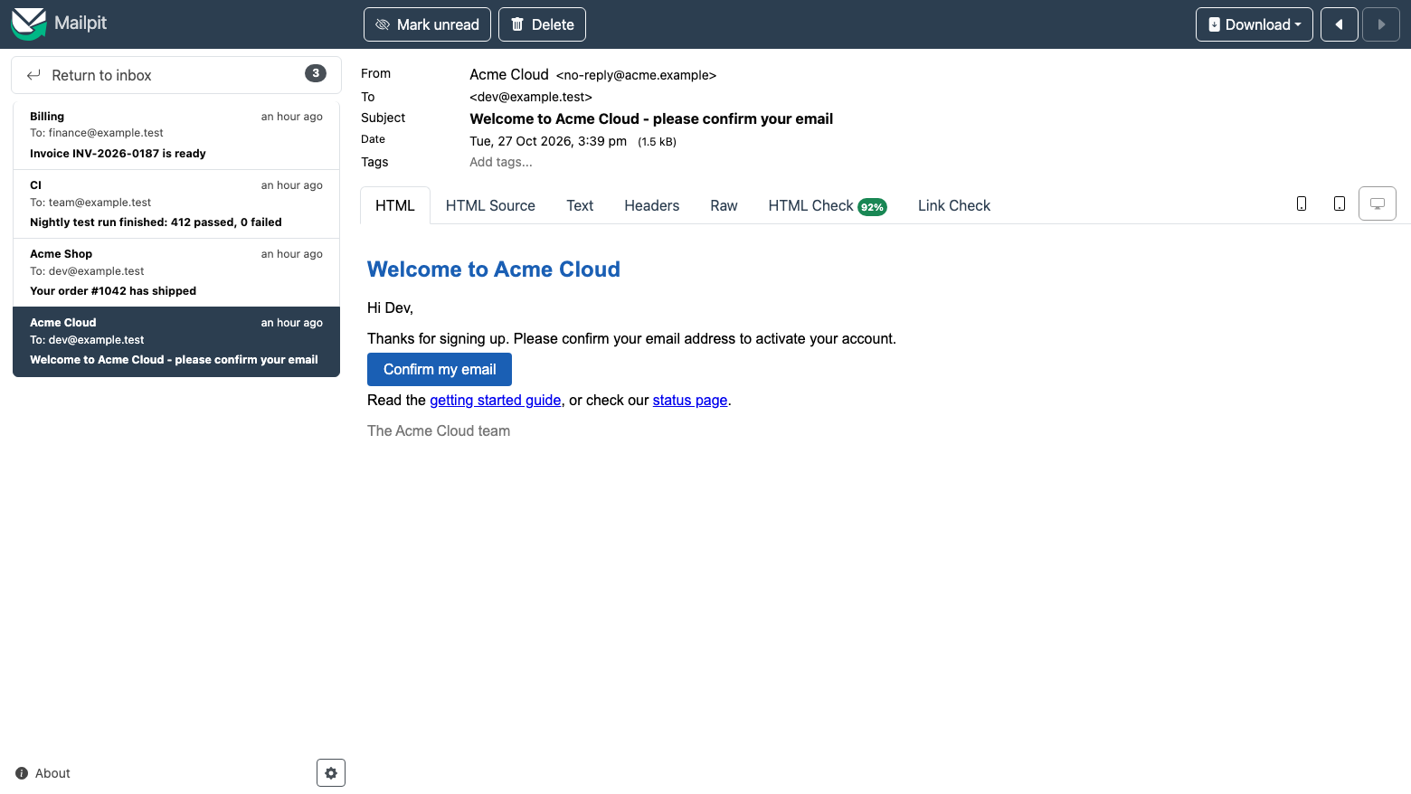 A captured welcome email open in Mailpit, showing its sender, recipient, subject and rendered HTML body