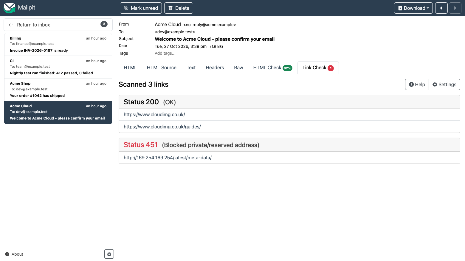 The Mailpit Link Check tab: two public links answered 200 OK and a link to 169.254.169.254 was blocked with status 451