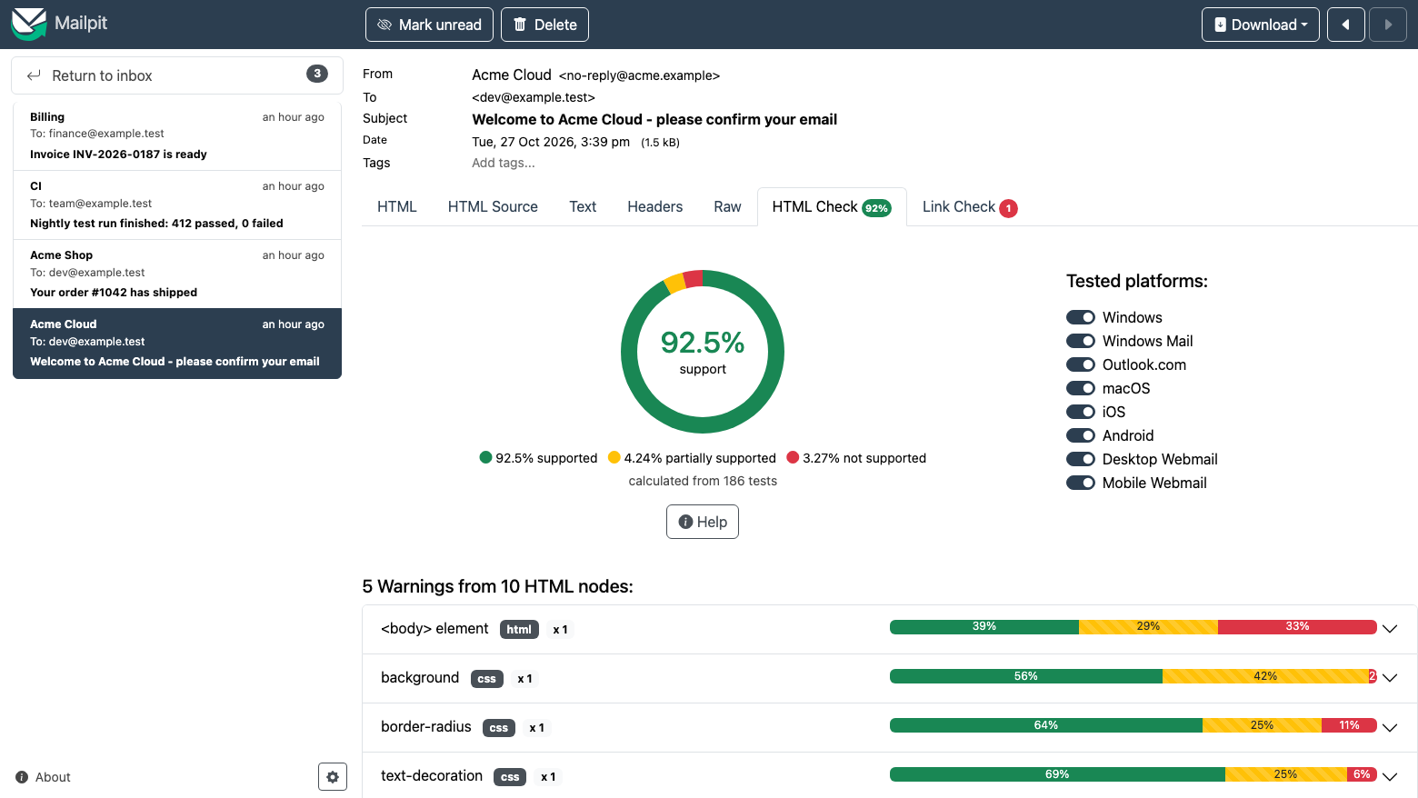 The Mailpit HTML Check tab showing 92.5% client support for the message, the tested platforms and the warnings by HTML element and CSS property