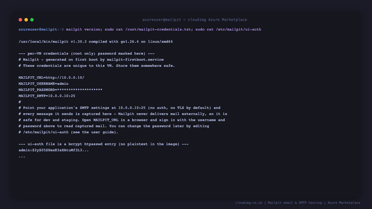 The Mailpit version, the per-VM credentials file with the generated admin password and URLs, and the bcrypt ui-auth entry that proves no plaintext password ships in the image