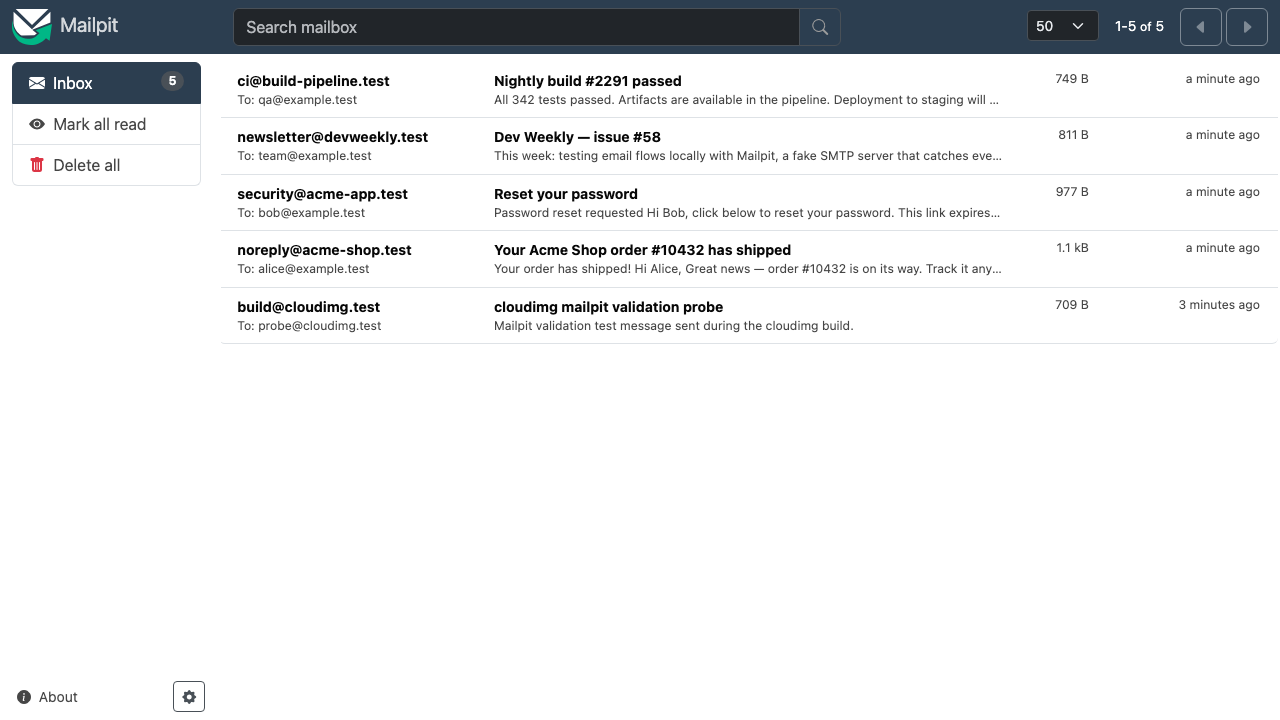 The Mailpit inbox message list showing captured test emails with sender, recipient, subject, size and received time