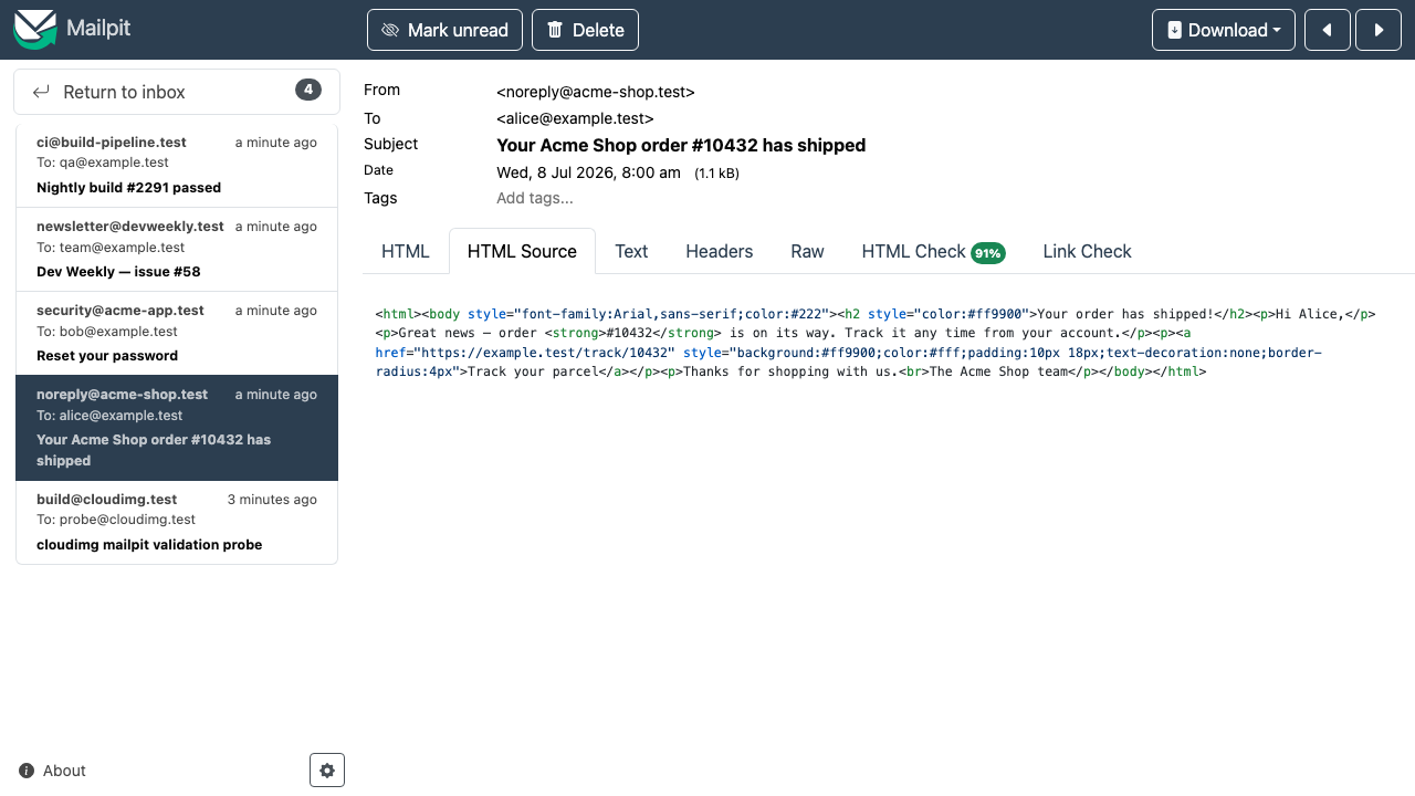 The Mailpit HTML Source tab showing the exact HTML markup of the captured message