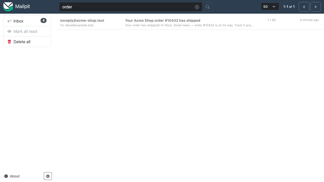 The Mailpit search box filtering the mailbox to the messages matching a query
