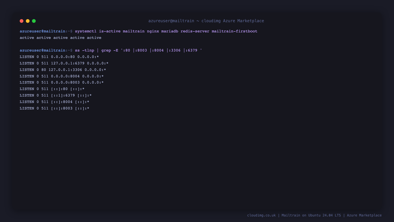 The mailtrain, nginx, mariadb and redis-server services active, with nginx on ports 80, 8003 and 8004 and MariaDB and Redis bound to loopback