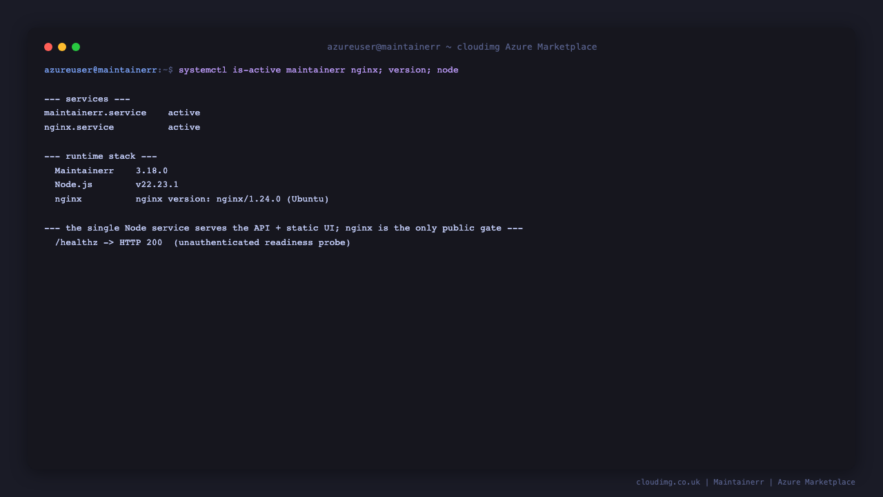 The maintainerr and nginx services both reporting active on Ubuntu 24.04