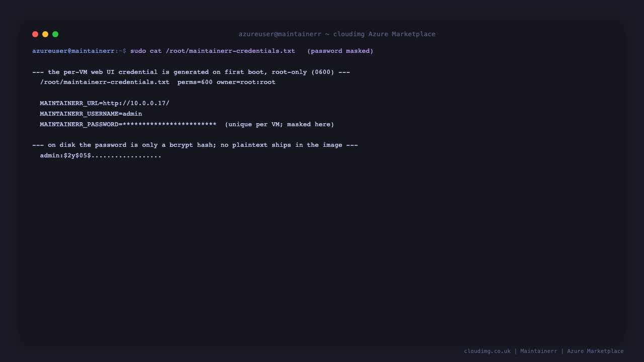 The per-VM Maintainerr credentials file showing the admin username, the generated password and the resolved MAINTAINERR_URL