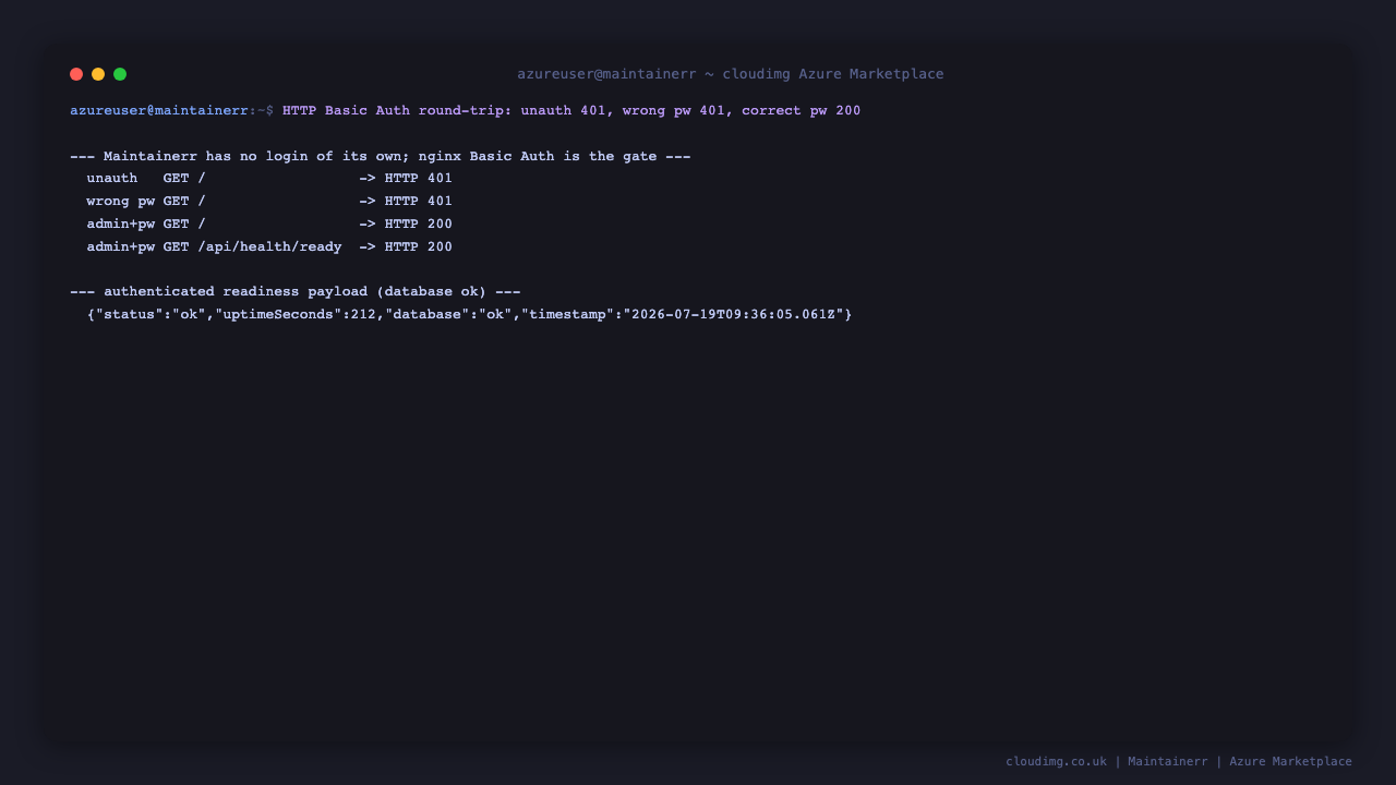 The HTTP Basic Auth round-trip returning 401 unauthenticated, 401 for a wrong password, 200 with the per-VM password, and 200 from the authenticated readiness API