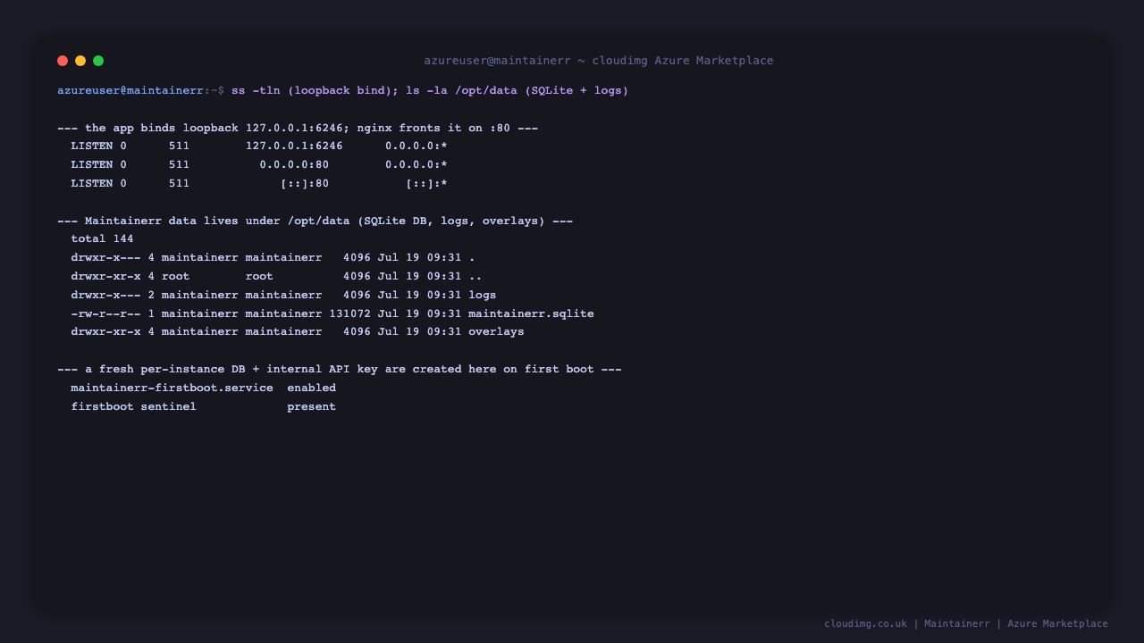 The Node.js service bound to loopback 127.0.0.1:6246 with nginx on port 80, and the Maintainerr data directory holding maintainerr.sqlite, logs and overlays
