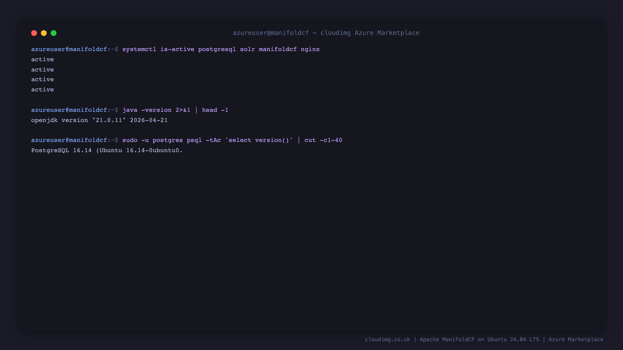 The postgresql, solr, manifoldcf and nginx services all reporting active, running on OpenJDK 21.0.11 with PostgreSQL 16.14