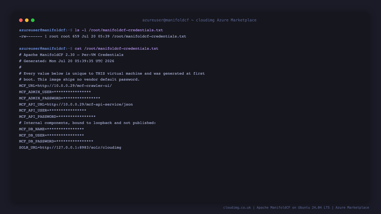 The per instance credentials file, mode 0600 and owned by root, listing the console URL, API URL and Solr URL with every secret value redacted for publication