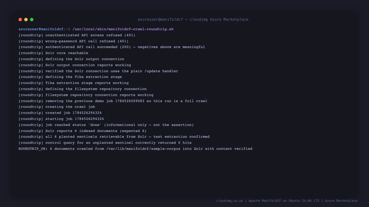 The crawl round trip running end to end: unauthenticated and wrong password API calls refused, the Solr output connection, Tika extraction stage and filesystem repository connection all reporting working, a job created and run to completion, Solr reporting 6 indexed documents, all 6 planted sentinels retrievable and the control query for an unplanted sentinel correctly returning 0 hits