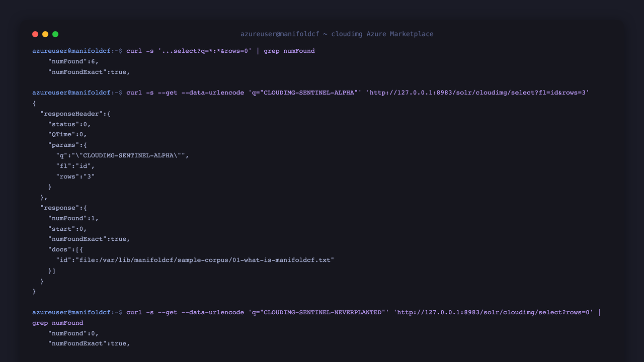Solr reporting 6 indexed documents, a quoted phrase query for a planted sentinel returning exactly one matching document, and the control query for an unplanted sentinel returning zero
