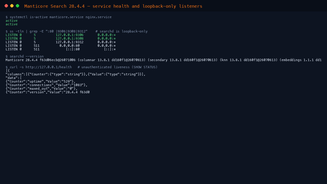 Manticore Search service health on the cloudimg Azure image: manticore.service and nginx active, the SQL 9306, HTTP 9308 and binary 9312 searchd listeners all bound to loopback, the searchd version, and the /health endpoint returning HTTP 200