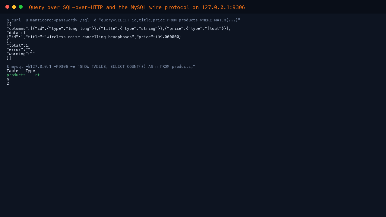 A SQL-over-HTTP query selecting the wireless headphones row by full text match, and the MySQL wire protocol on 127.0.0.1:9306 listing the real time products table and counting its two rows, showing Manticore serving the same data over both SQL and HTTP