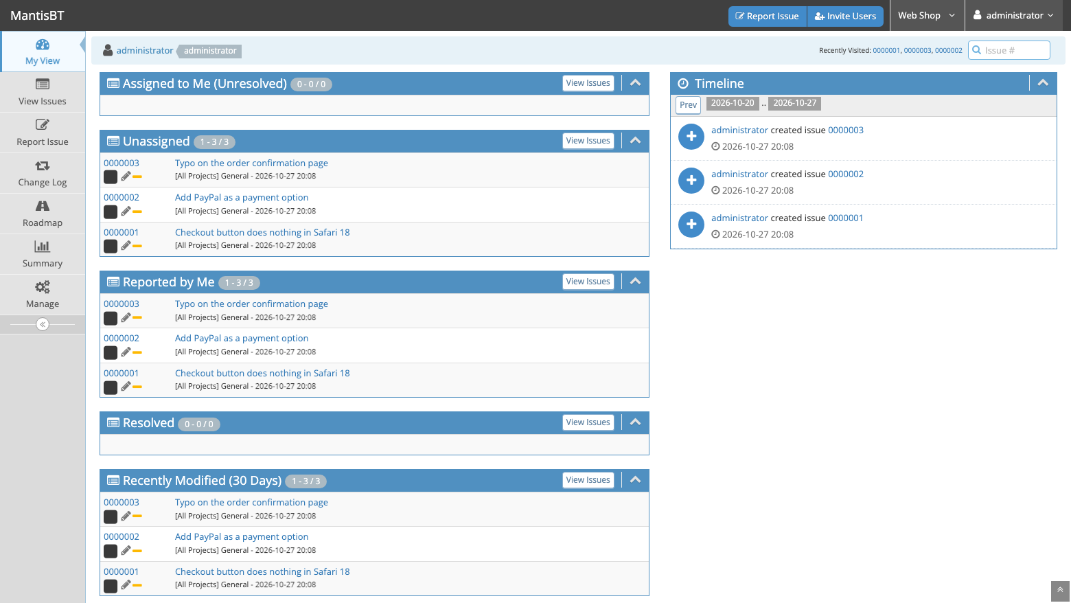 MantisBT My View with three issues in the Web Shop project: a Safari checkout bug, a PayPal feature request and a typo