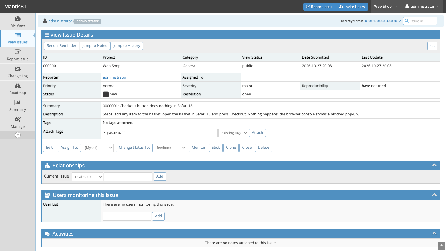 A MantisBT issue: the major severity Safari checkout bug with its description, status new and the buttons to assign, change status, monitor and close it