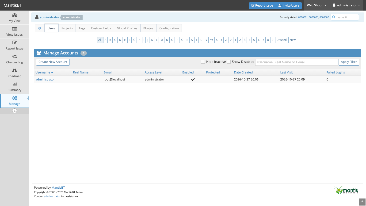 The MantisBT Manage Users page listing the administrator account