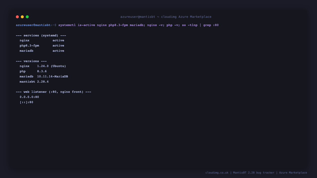 nginx, php8.3-fpm and mariadb all active, the nginx, PHP 8.3.x, MariaDB and MantisBT 2.28.x versions, and nginx listening on port 80