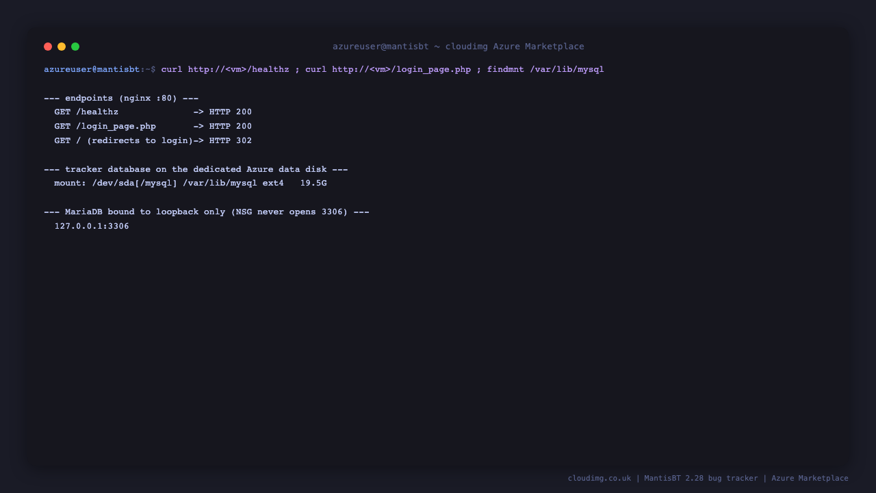 The health endpoint and the sign in page returning HTTP 200, the index redirecting to login, the MariaDB datadir mounted on the dedicated ext4 data disk, and MariaDB bound to loopback only