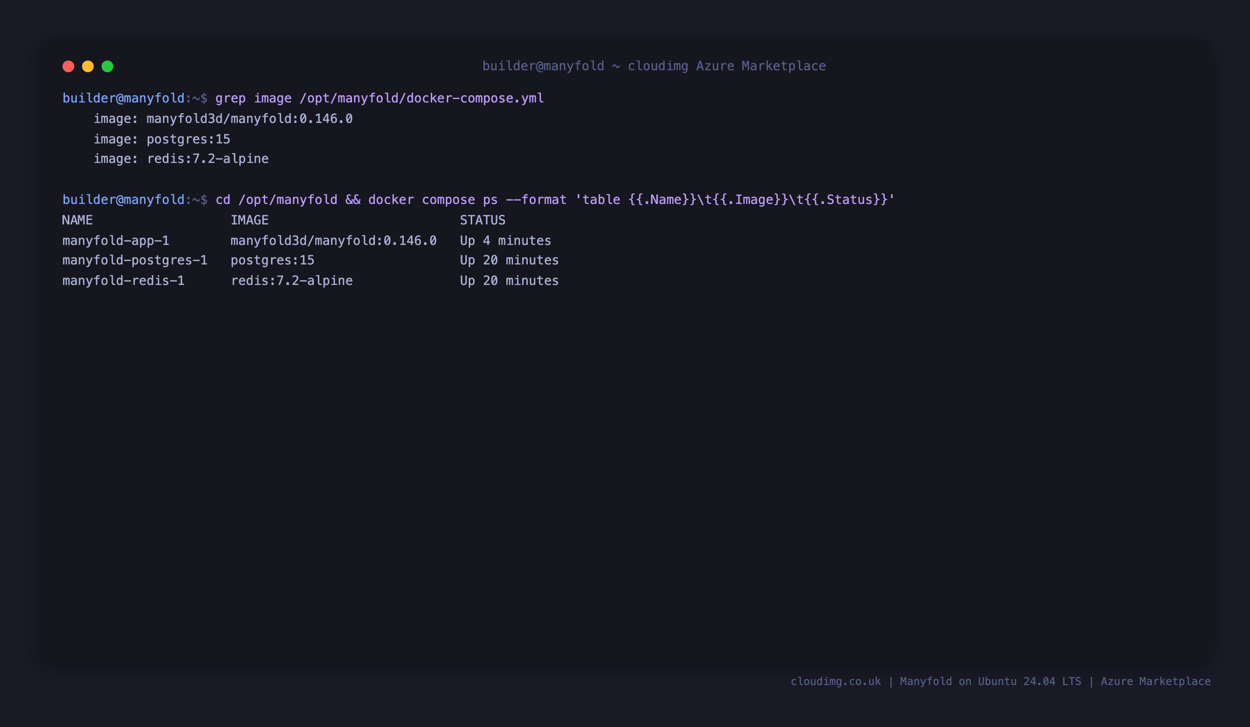 The pinned Manyfold Compose stack running: app, postgres and redis