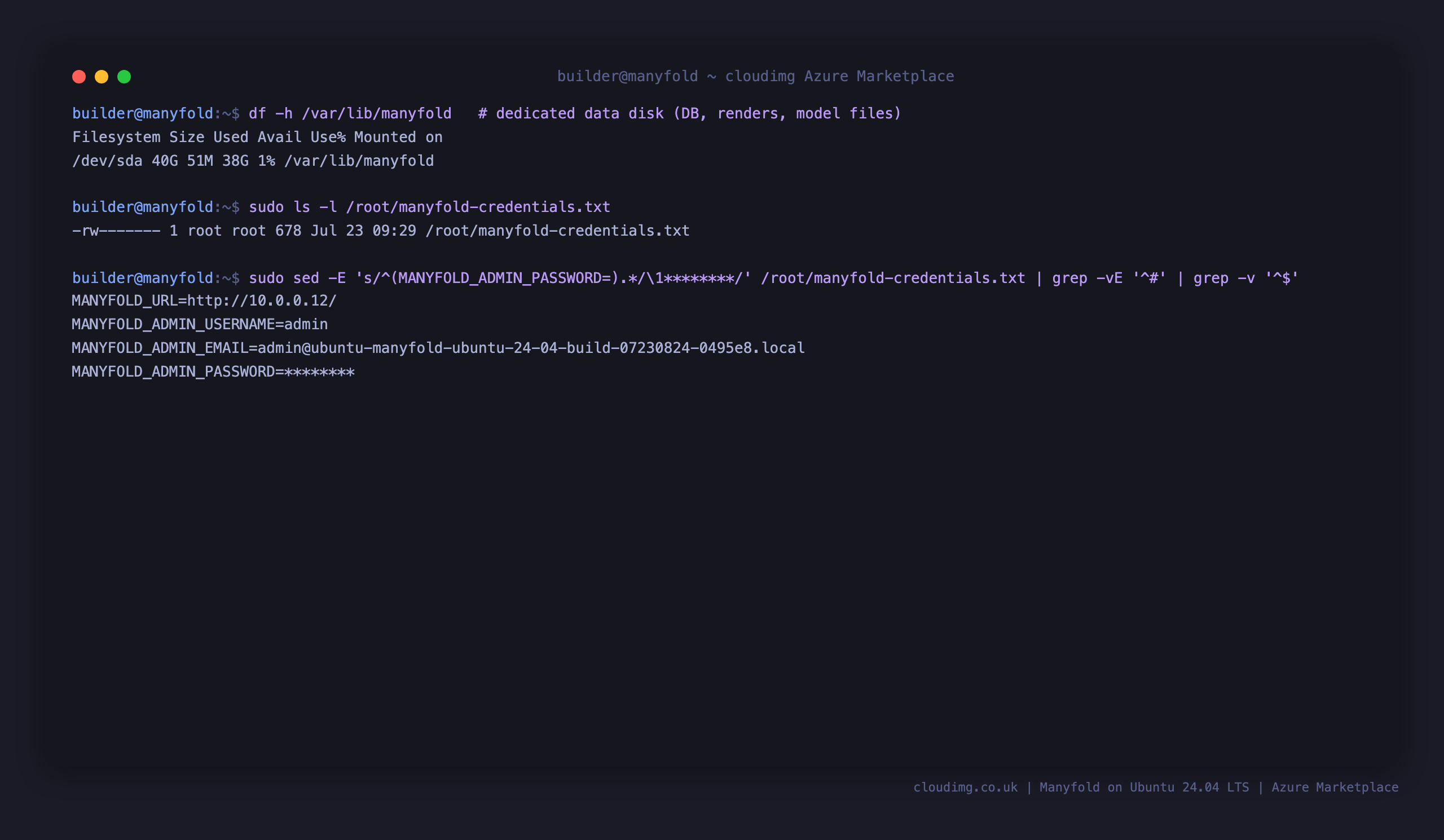 The dedicated Manyfold data disk mounted at /var/lib/manyfold and the root-only per-VM credentials file
