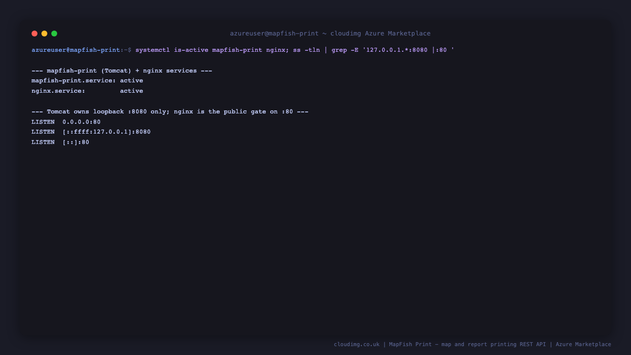 The mapfish-print and nginx services active, Tomcat listening on loopback 127.0.0.1:8080 only, and nginx on public port 80