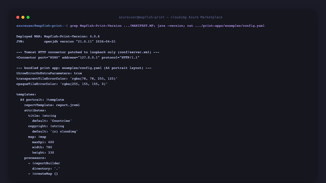 The deployed MapFish Print version 4.0.6, the OpenJDK 21 runtime, the Tomcat connector patched to loopback only, and the bundled examples print app config.yaml defining the A4 portrait layout