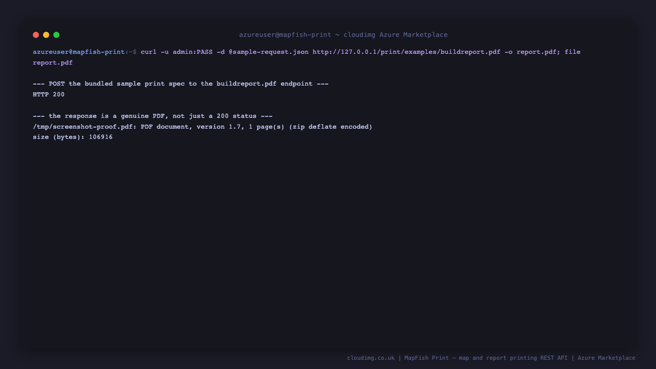 Posting the bundled sample print spec to the buildreport.pdf endpoint returning HTTP 200, and the file command confirming a genuine PDF document was produced, not merely a 200 status