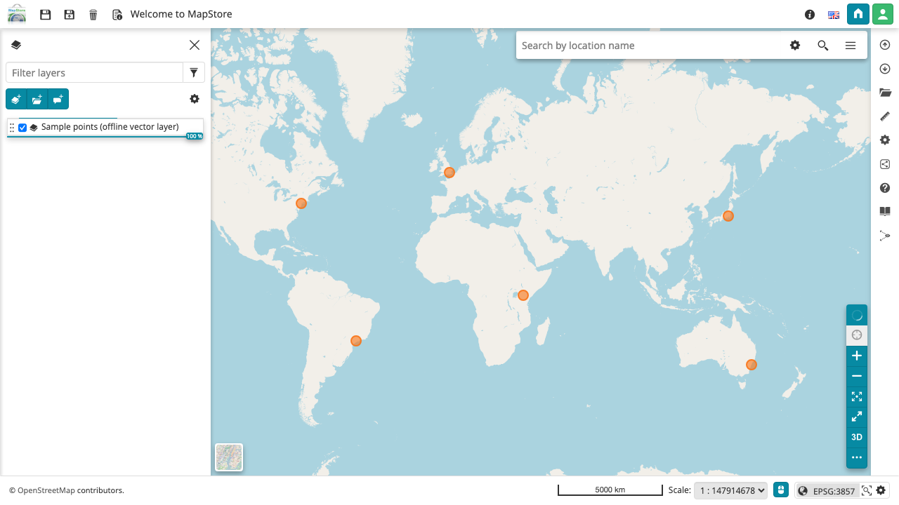 The MapStore layer tree open beside the rendered map, listing the offline sample vector layer with its visibility toggle, and the six orange sample point markers drawn on the OpenStreetMap background