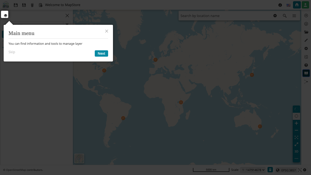 The MapStore Catalog panel open over the map, offering the service selector and the search field used to browse layers published by a connected OGC service