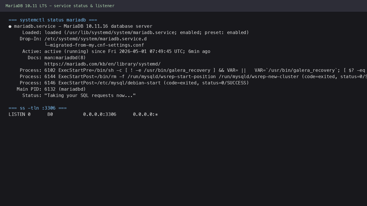 mariadb.service active and listening on TCP 3306