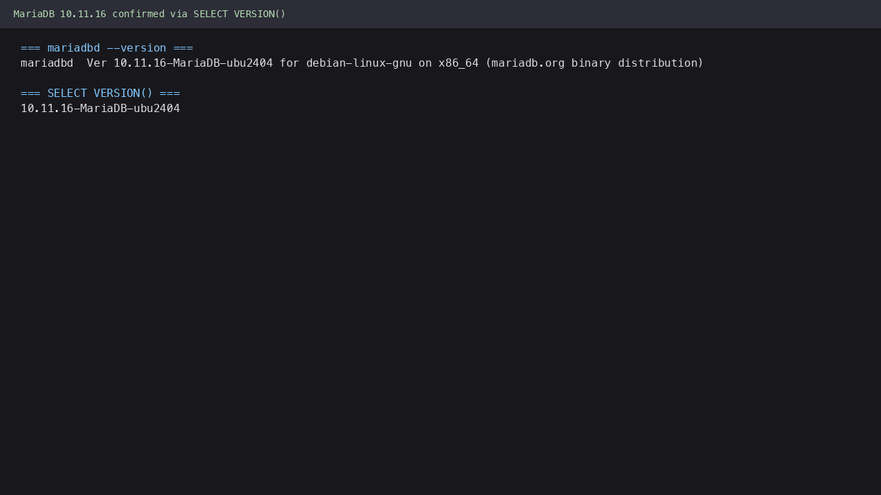 MariaDB 10.11 LTS confirmed via SELECT VERSION() on the running server