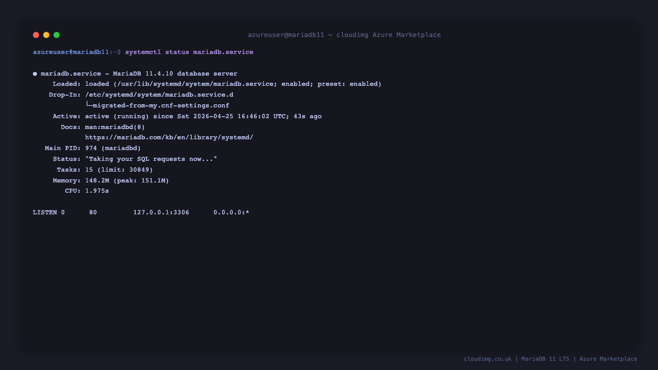 mariadb.service active and listening on TCP 3306