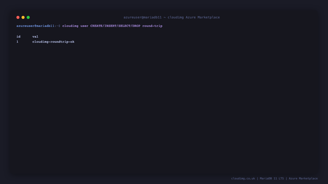 cloudimg user CREATE/INSERT/SELECT/DROP round-trip in the cloudimg database